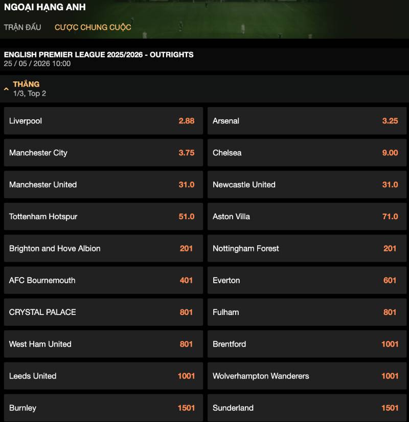 Kèo Cược Đội Vô Địch: “All-in” Dài Hạn – Lựa Chọn Khó Nhằn 3 Cách chơi và đọc odds kèo đội vô địch